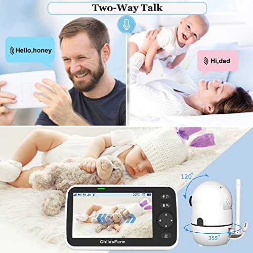 Childsfarm Baby Monitor No Wifi, 5'' Remote Pan-Tilt-Zoom Video Baby Monitor With Camera And Audio, Night Vision, 2-Way Talk, Vox, Temperatue, 8 Lullabies, Long Range, Easy To Set And Use #TOP3