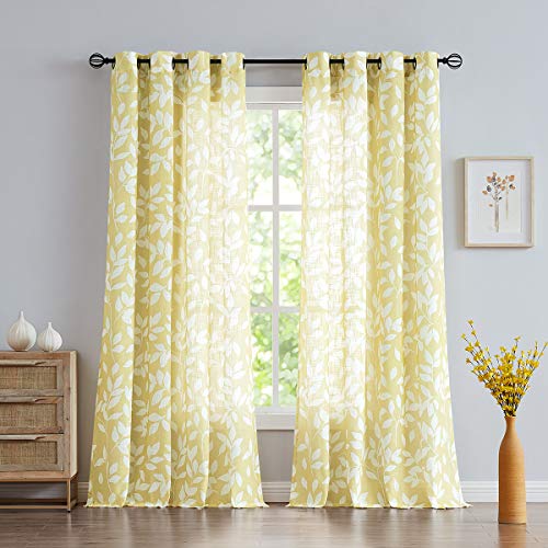 Image of Treatmentex Semi-Sheer Curtains for Living Room Windows 95 inch Long White and Yellow Leaf Print Curtains for Girl's Room, Bedroom Grommet Top Curtain Panels, Mustard Yellow, 1 Pair