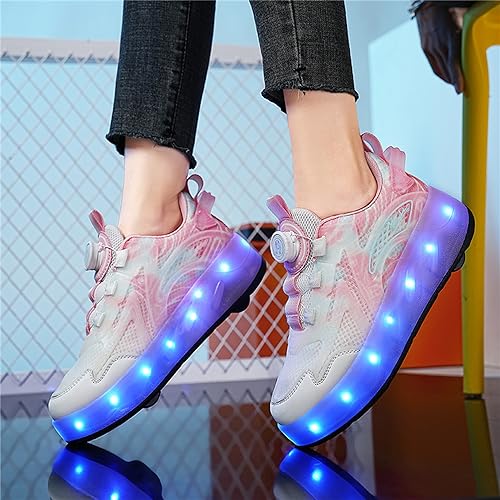 Kimigia Chłopięce dziewczęce, światło LED, ładowane przez USB, buty skateboardowe z czterema kółkami, zdejmowane, stabilne i bezpieczne, do uprawiania sportu, fitnessu, gimnastyki, biegania, Pink885,