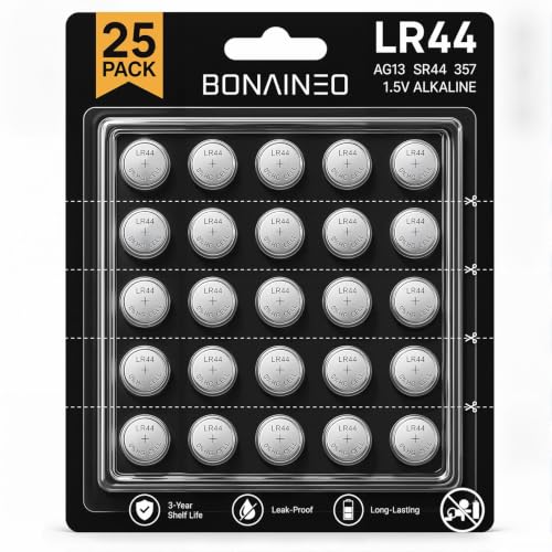 Bonai Neo LR44 Batteries 25 Pack, 1.5V Alkaline Button Cell