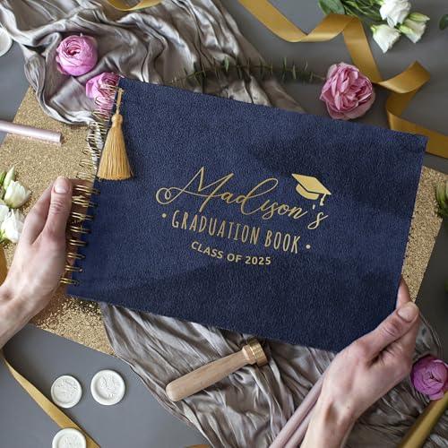 Image of Personalized Graduation Guest Book Photo Album - Custom Scrapbook to Sign with Polaroid Instax Photos - Fits 4x6 or 5x7 Pictures - Grad Party Sign-In Book (Navy, Large - 11.7x8.3 inch)