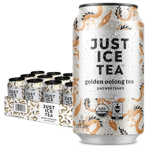 Image of Just Ice Tea, Golden Oolong Iced Tea, 12-Pack (12oz Cans), Green Tea, USDA Certified Organic, Real Brewed, No Calories, Unsweetened, Fair Trade, Made in USA.