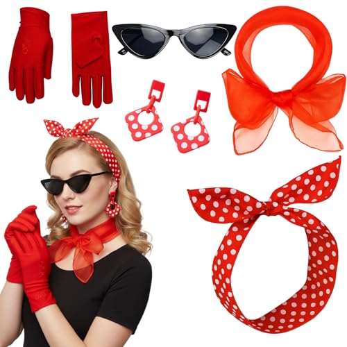 ZYLOUY 5-teiliges Set in Rot und Weiß 50er Jahre Outfit Damen, Rockabilly Kostüm, Vintage Karneval Accessoires, 60er Jahre Outfit Damen für...