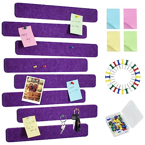 Vuzvuv 8 pcs Bulletin Board Bar Strips with 50 Pushpins & 10 Wooden Clip pins,Self Adhesive Cork Board for Wall,Felt Pin Board for School,Office Decor(Purple)