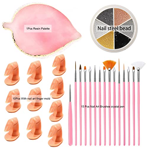 Rwoora Beginner Nail Art Set,15 Pcs Nail Art Brushes Crystal Pen+10Pcs With Nail Art Finger Mold+1Pcs Resin Palette+2Pcs Painted Nail Polish For Nail Salon, Home,Diy Design Display Boar #TOP6