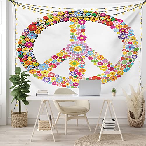 Ambesonne Groovy Tapestry, Floral Peace Sign Summer Spring Blooms Love Happiness Themed Illustration Print, Wide Wall Hanging For Bedroom Living Room Dorm, 80" X 60", White Red #TOP5