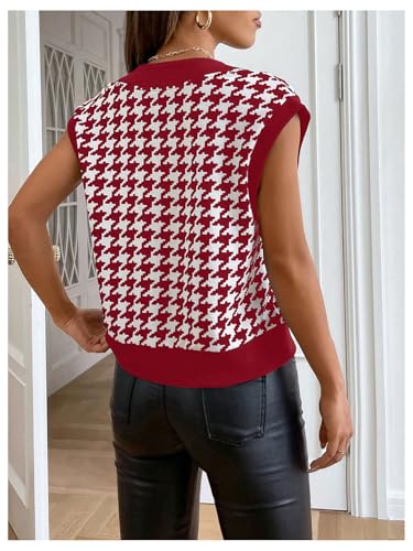 Image of Verdusa Women's Button Front V Neck Sleeveless Houndstooth Print Knitted Sweater Vest Burgundy Medium