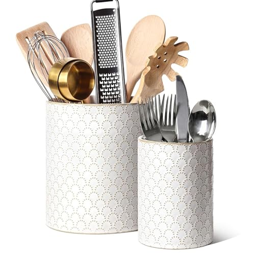 Image of LE TAUCI Kitchen Utensil Holder for Countertop - 7.1"+5.4" Ceramic Utensil Crock Set of 2, Large Cooking Utensil Organizer for Spatula, Spoon, Whisk - Farmhouse Storage, Embossed, Fireworks