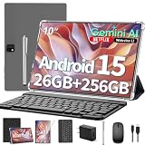 2026 Gemini AI 10 inch Tablet, Android 15 Tablet with Keyboard, 24GB+256GB+2TB Expand, Gemini AI Tablet PC with 8-Core, 5G WiFi, 8000mAh, GMS, GPS, 2-in-1 Tablet with Case, Mouse, Stylus, Black Case