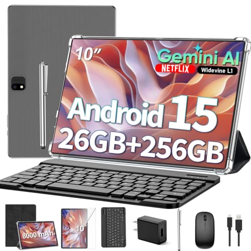 2026 Gemini AI 10 inch Tablet, Android 16 Tablet with Keyboard, 24GB+256GB+2TB Expand, Gemini AI Tablet PC with 8-Core, 5G WiFi, 8000mAh, GMS, GPS, 2-in-1 Tablet with Case, Mouse, Stylus, Black Case