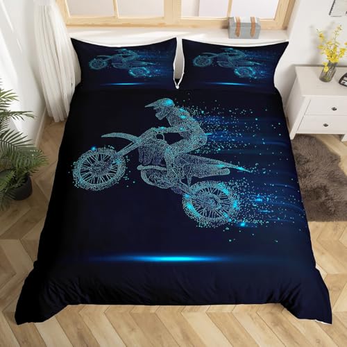 Boy Dirt Bike Duvet Cover Full, Motocross Rider Bedding Set Motorbike Sport Game Comforter Cover For Kids Teens Adult, Motorcycle Extreme Sport Quilt Cover Bedroom Decor, Blue Tie Dye Duvet Cover