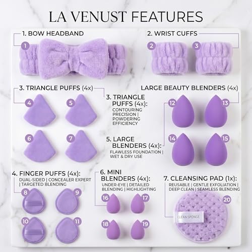 Image of 20pc Essential Makeup Sponge Kit Set - Soft-Touch Makeup Sponges for Cream & Liquid - Aesthetic Bow Spa Set & Wristbands - Under-Eye Precision Puffs & Blender Cleaner - Complete Beauty Organizer Kit for Girls & Women (Lavender Edition)