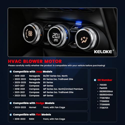Image of KELOKE Front HVAC Heater Blower Motor Fan Fits for 2015-2023 Jeep Renegade, 2017-2022 Compass & 2023-2023 Dodge Hornet & 2016-2022 Fiat 500X, with Fan Cage, Replace# 700351 68266039AA