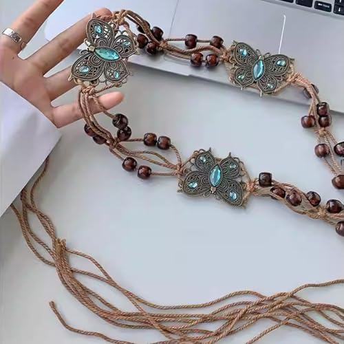 Bohemian Woven Waist Rope, Rhinestone Butterfly Braided Waist Belt, Vintage Tassel Knotted Belt for Dresses Jeans4