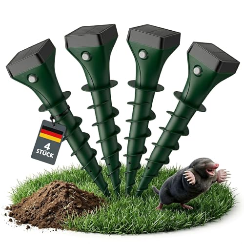 Maulwurf Vertreiber 4er, Maulwurfschreck Eingebauter Akku Ultraschall Wühlmaus Vertreiben, Wasserdicht IP65 Maulwurfschreck Solar Testsieger Effektive Abwehr gegen Wühlmaus, Schlange, Gürteltier