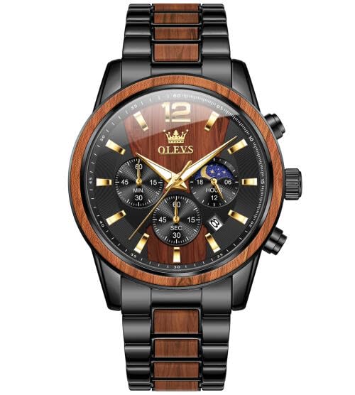 Image of OLEVS Watch for Men Luxury Wood Accent Classic Original Quartz Chronograph