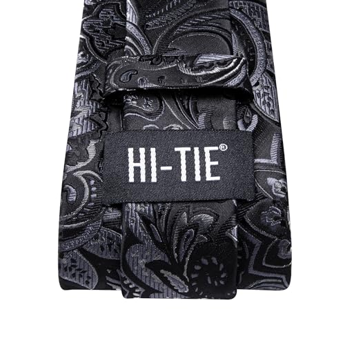Image of Hi-Tie Paisley Black Sliver Ties for Men Silk Jacquard Necktie Lapel Pin Pocket Square Cufflinks Sets Formal Business Wedding