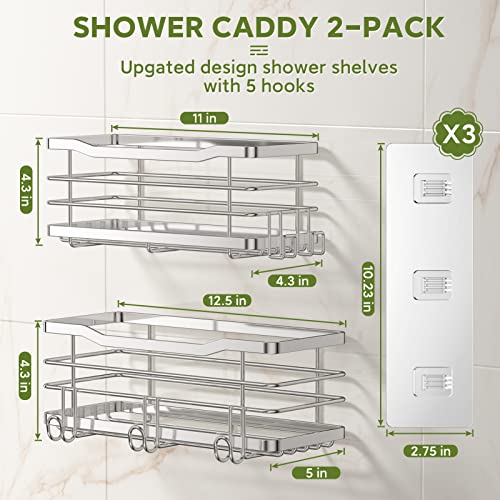 Shower Caddy Shower Organizer, Adhesive Shower Shelf For Inside Shower With 5 Hooks, 4.3Inch Height Fence Bathroom Organizer Stainless Steel Shower Rack For Bathroom Kitchen Storage Basket-2 Pack #TOP6