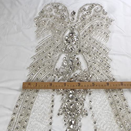 Labellezalay Long Rhinestone Bodice Applique Patch,Large Size For Full Body 45.2" * 13.8" Decorate Prom Bridal Dance Dress Applique, Gold Silver Rich Beaded For Diy Dress Applique (Silver-B) #TOP3