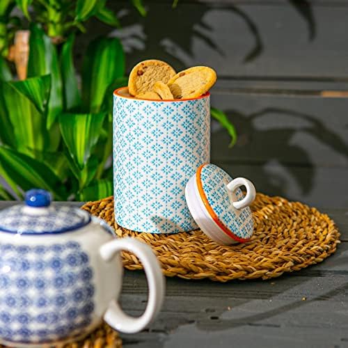 Nicola Spring Patterned Porcelain Tea/Coffee/Sugar Canisters - Blue/Orange Print Design - Pack Of 3