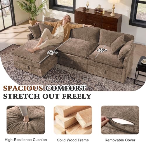 Image of Ihanherry 103 inch Modular Sectional Sofa with Storage, L Shaped Cloud Couch with Movable Ottomans & Throw Pillows, Chenille Deep Seat Sectional Couches for Living Room, Apartment (Brown)