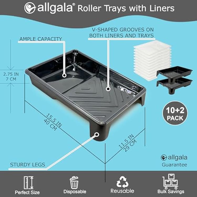 Allgala 2PK Large 9 in Plastic Paint Roller Trays with 10 Liners 16x12 in - TH10511