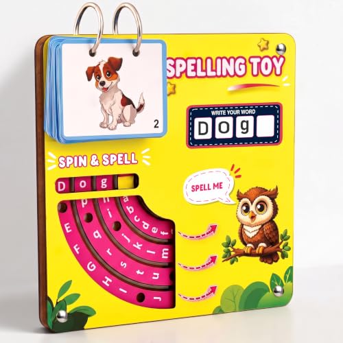 Image of Spelling Learning Toy for Kids 3-8 Years | 60+ Picture Cards | Educational Word & Vocabulary Building Toy | Interactive Rotating Letter Wheels | Alphabet Game | Birthday Gift for Boys & Girls