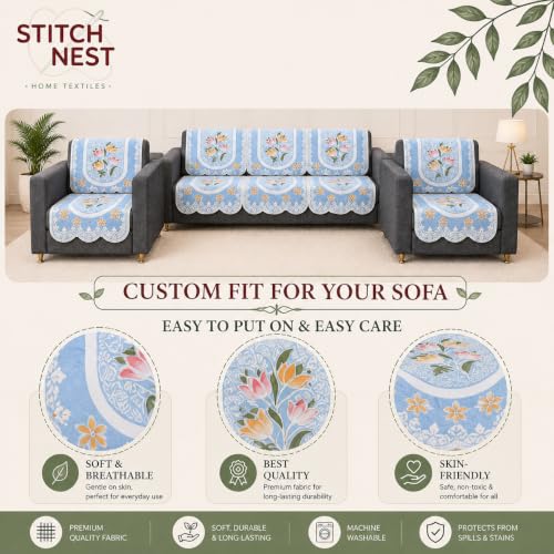 Image of STITCHNEST Florenza Blue 10 Piece Cotton Net Sofa Slip Cover |5 Seater