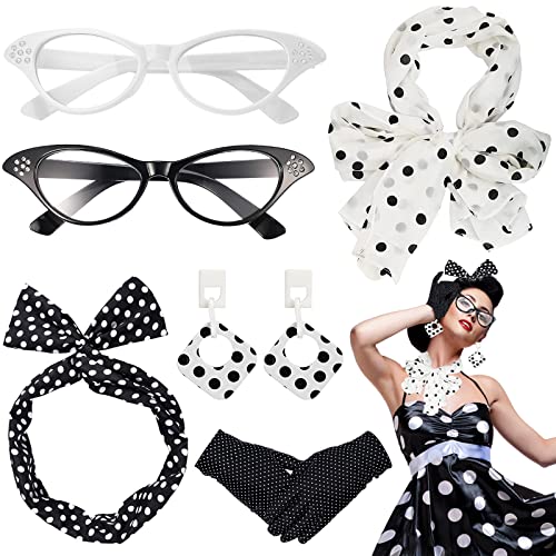Accesorios para disfraz de los años 50, 6 unidades de años 60 accesorios para mujer con bufanda de gasa pañuelo de lunares guantes de ojo de gato gafas y pendientes para fiesta vintage carnaval