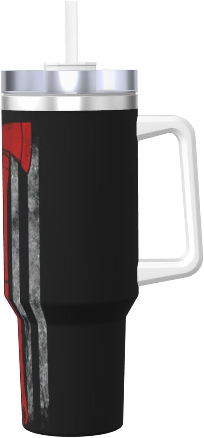40 OZ Firefighter Axe Red Line Flag Print Ice Bully Cup with Handle Straw Lid Straw,Stainless Steel Tumbler Coffee Cup