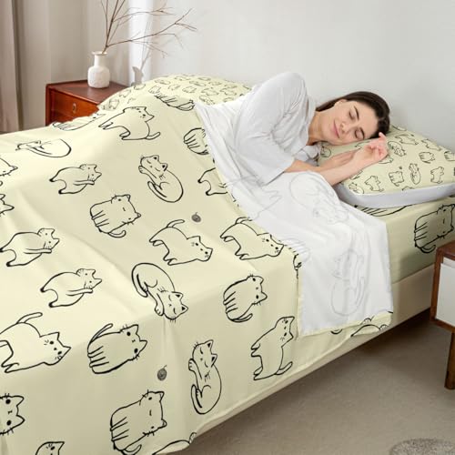 Image of Kawaii Cat Fitted Sheet Set Full Size 4 Pcs,Kitten Silhouette Yellow Teens Sheets,Cartoon Animals Pets Bedding Sets (1 Fitted,1 Flat,2 Pillowcases) Luxury Deep Pocket Bed Sheets