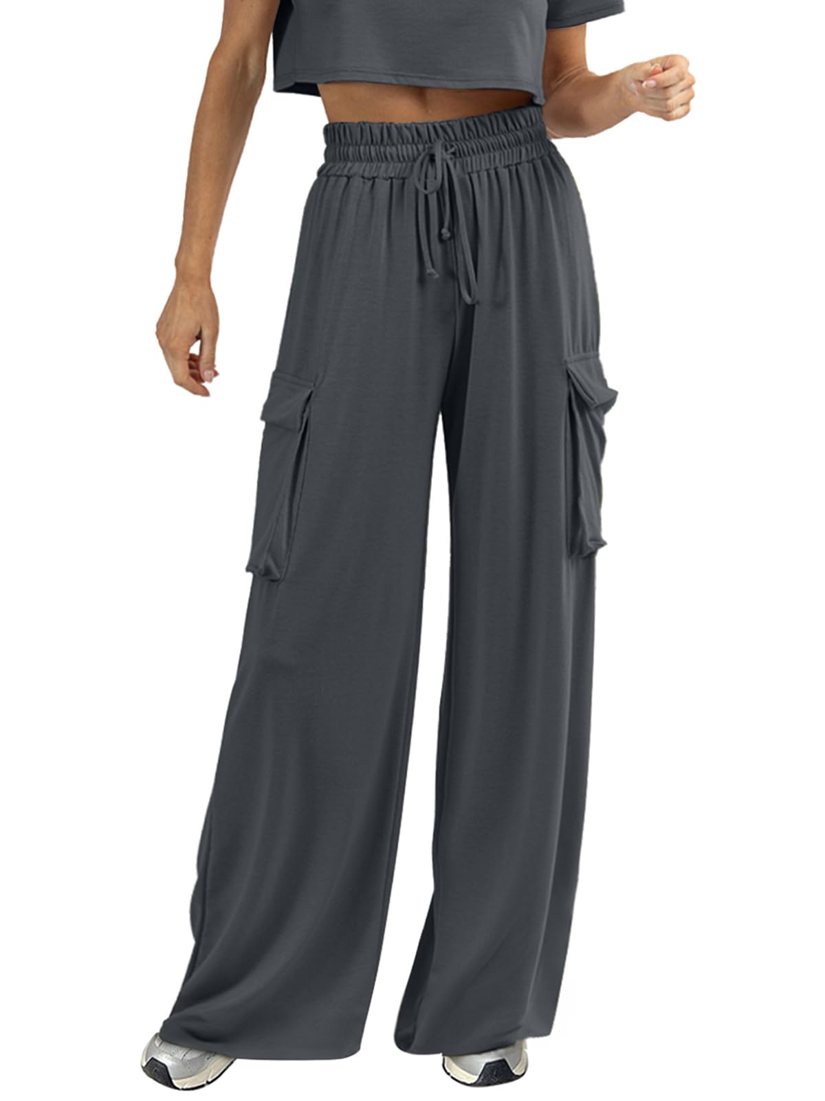 Womens Wide Leg Cargo Pants Flowy Casual Palazzo Pleated Trouser Woman Elastic High Waisted Loose Fit Lounge Pant