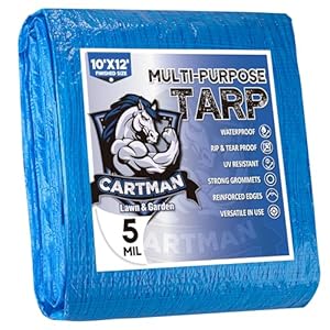 CARTMAN Finished Size 10×12 Feet Blue Poly Tarp 5 Mil Thick, Multipurpose Protective Cover for Camping, Tent, Boat, RV, Car