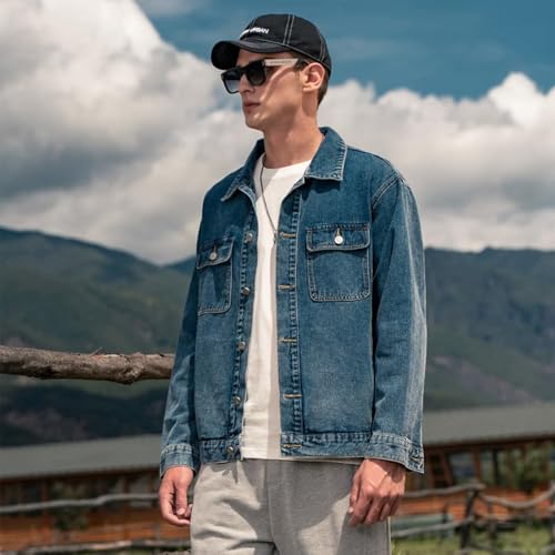 Men's Denim Jacket,Classic Crewneck Cowboy Jacket for Men,Spring and Autumn Vintage Workwear Denim Shirt4