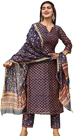 GRECIILOOKS Women's Cotton Blend Kurta Set with Dupatta | Kurti Set for Women | Festive Kurta Set for Women | Regular Fit Kurta