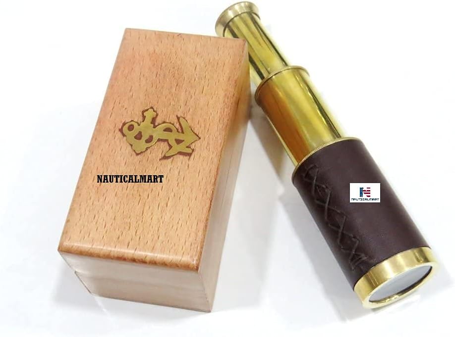 6" Handheld Brass Telescope with Wooden Box - Pirate Navigation (Brown Leather Brass)