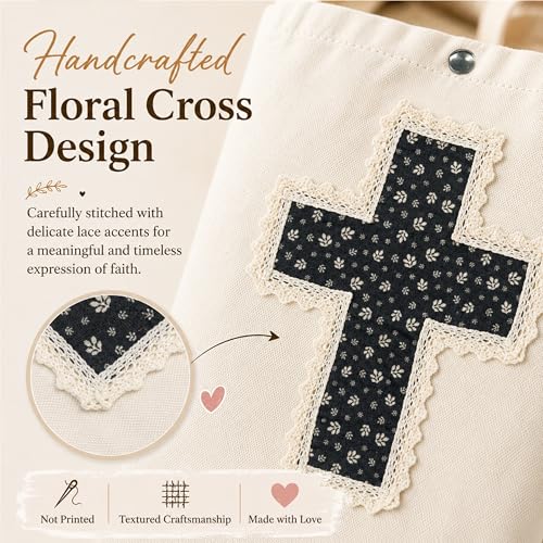 Image of Christian Tote Bag Gift for Women, Canvas Bible Bag Handmade Floral Cross | Christian faith-inspired gift, handcrafted cross with lace, inner pocket, snap closure, bottom gusset, church Bible study use
