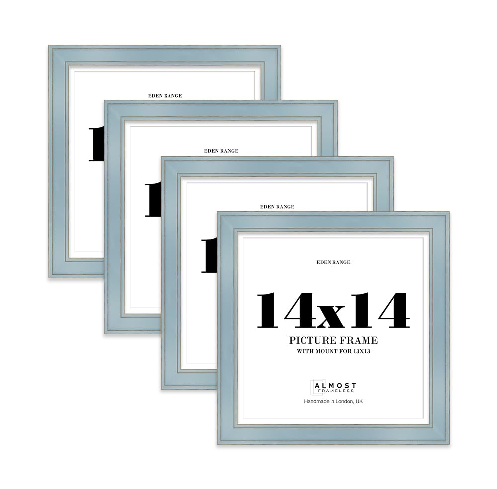 14x14" Cornflower Blue Square Picture Frame with 13x13" Mount - Shabby Chic Photo Frame with Distressed Finish, Gold Trim, Wall Hooks, 37mm Edge - 4 Pack