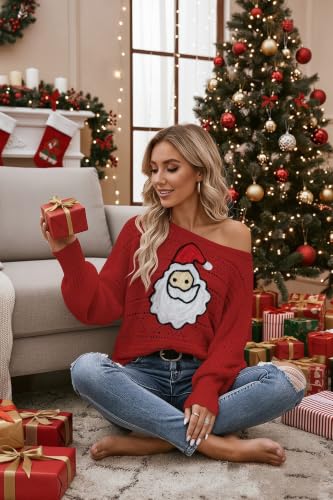 Image of Cakulo Womens Off Shoulder Ugly Christmas Sweater Top Fall Outfits Fashion 2026 Oversized Knit Long Sleeve Crochet Sweaters