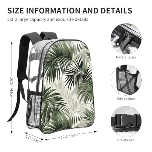 transparent palm leaf pattern Print Work Travel Stadium Events Transparent Backpack PVC Clear Bag Large Side Pockets4