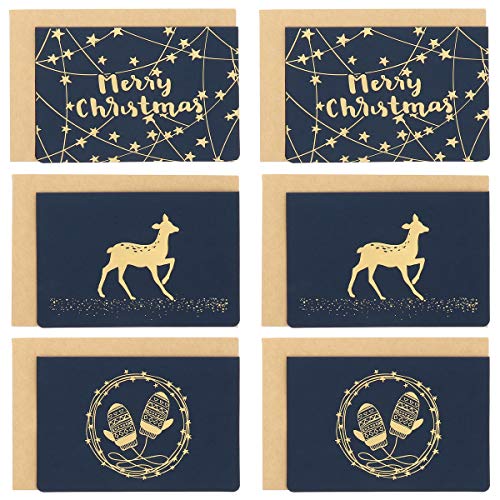 Lot de 6 x Carte de voeux Noël Brillante Bleu marine et Dorée avec Enveloppe Kraft - Pack Carte Noel Originale - Design moderne Merry Christmas Motif Noël pour écrire un Mot Cover