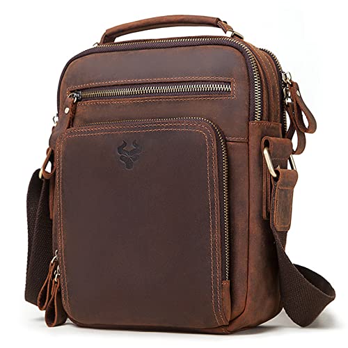 Maletín de cuero genuino vintage para hombre con correa ajustable y cremallera