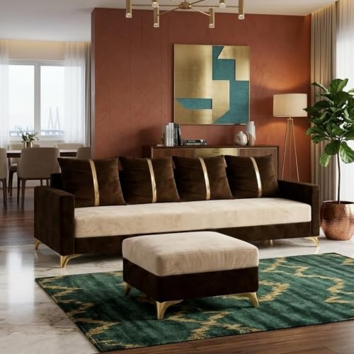 Image of Caviar 5 Seater L Shape Sofa Set with Movable Ottoman | Flexible Layout | Luxury Velvet Suede Fabric | Modern Living Room Sofa | Dark Brown-Cream