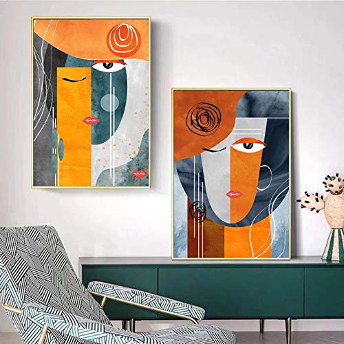 Toile peinture moderne salon affiche visages abstraits 60x90cmx2