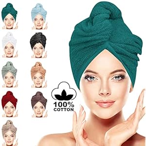 BAVIN LUXURY Hair Towel Wrap 100% Cotton, Instant Drying Lightweight Turban Cap Super Quick Absorbent Anti-Frizz Twist Toweling Dry Hat with Button Loop for Long Curly Hairs, 62CM x 23CM Teal Single