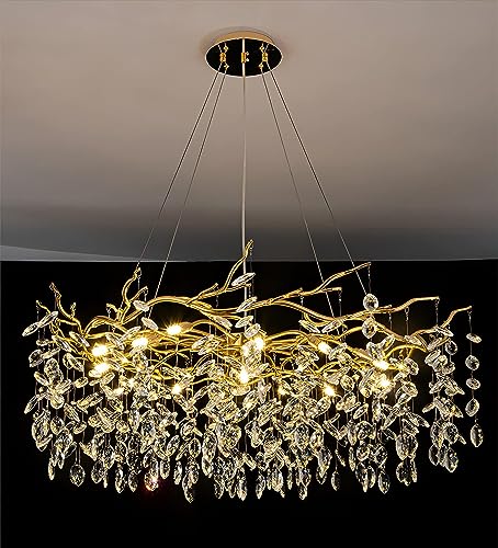 Modern Tree Branch Crystal Chandelier Gold Dimmable LED Pendant Light Raindrop...