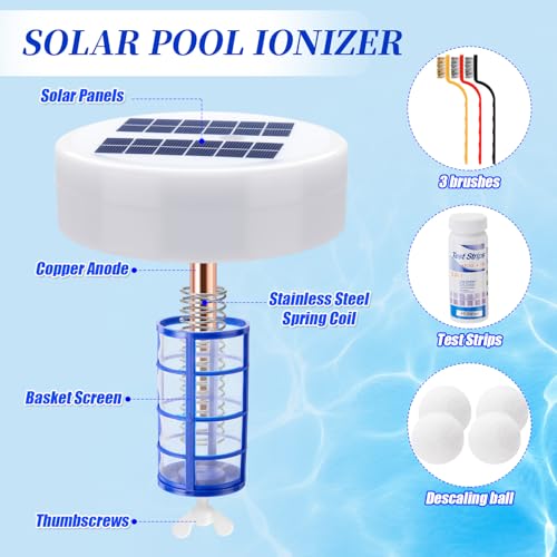 Qualirey Solar Pool Ionizer Automatic Floating Pool Cleaner, Pool Water Purifier Ionizer with 4 Pcs Scum Eliminating Ball, for Above Ground and Inground Pools, up to 35, 000 Gallons (with LED Light)
