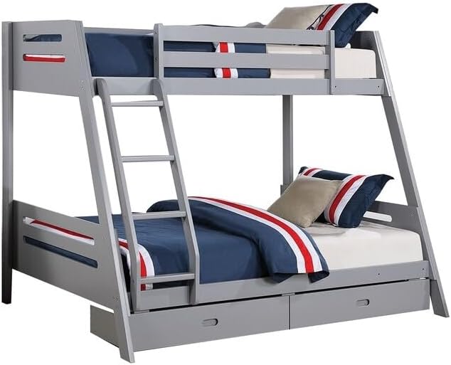 HomeStock Tribal Treasures 79 x 61 x 65 Inch Twin Over Full Bunk Bed with Ladder and 2 Underbed Drawers Gray Solid Wood Frame