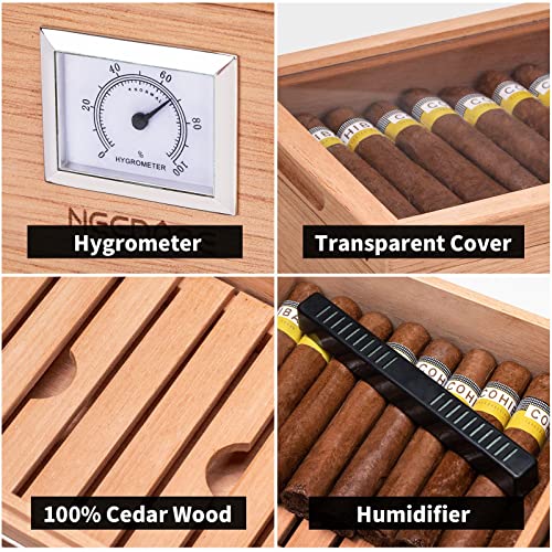 Needone Cigar Humidors, Cigar Box For 30-50 Cigars With Humidifier Hygrometer & Removable Divider, Spanish Solid Cedar Wood, Acrylic Glass-Top Humidor Desktop Cigar Case Gift For Men #TOP3