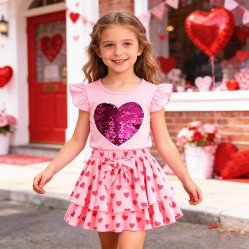 Image of Girls Skirt Set 2 Piece Outfit Toddler Summer Clothes Ruffle Sleeve T-Shirt Bow Knot Tutu Skirt Outfit Set